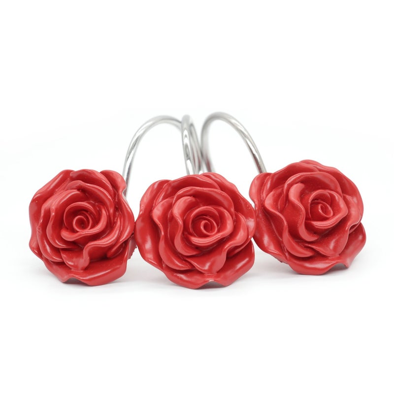 BEAVO Shower Curtain Hooks, Home Decorative Rustproof Shower Curtain Hooks Resin Rose Flower Shower Hooks Rings for Bathroom Shower Rods Curtains,Set of 12 Hooks (Red) - Image 2